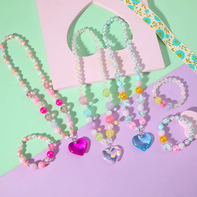 PinkSheep Beads Necklace and Bracelet for Kids, 3 Sets, Little Girls Jewelry Necklace and Bracelet with Heart Pendant, Dress Up Pretend Play Party Favor - Image 2